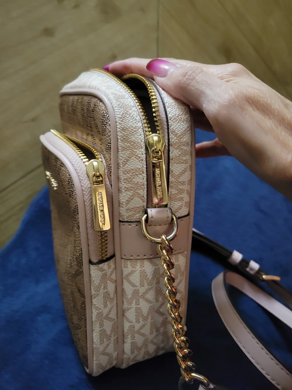 Michael Kors Metallic Logo Crossbody in Rose Gold and Light Pink